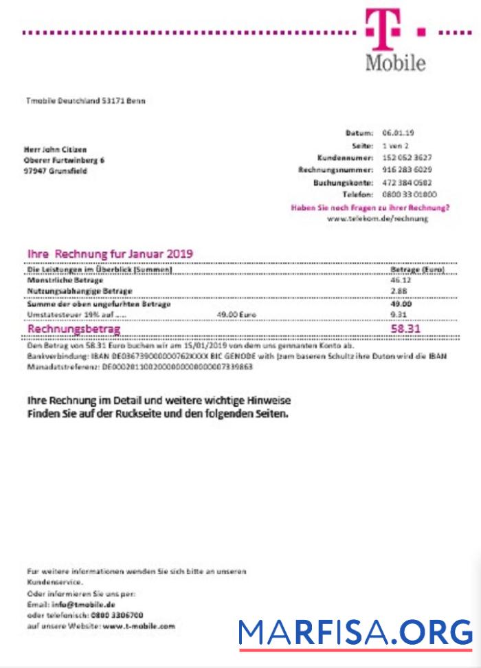 Downloadable Germany T Mobile utility bill download for verification